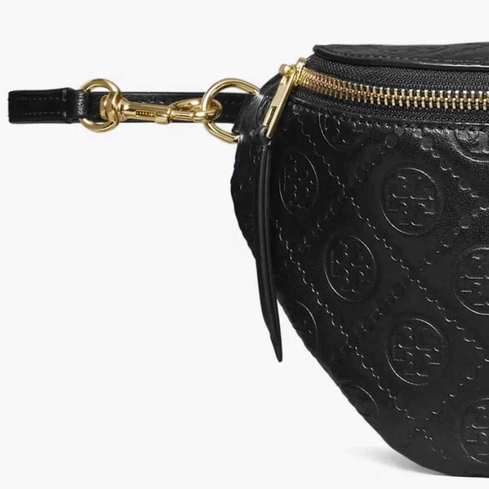 Tory Burch T Monogram Leather Belt Bag Black with gold hardware
